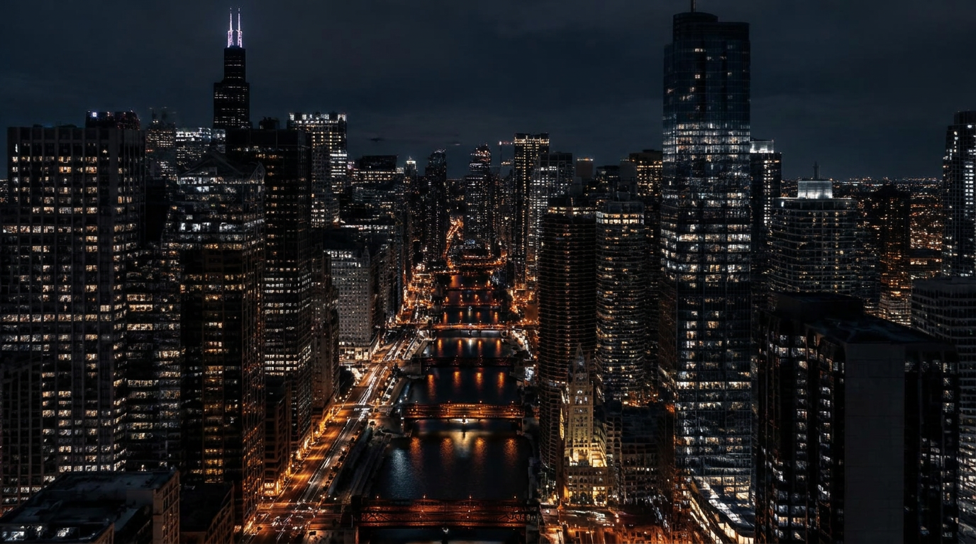 Downtown Chicago skyline and river at night