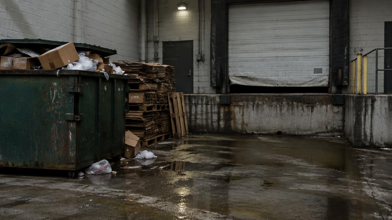 Back-of-house loading dock with overflowing dumpster, cardboard stacks and a gap under the dock door