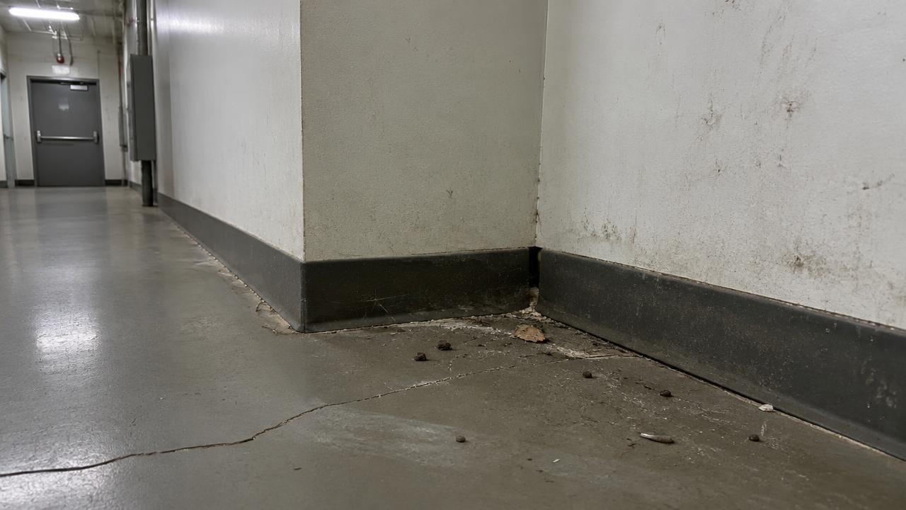 Service corridor with gaps, debris and signs of recurring pest activity